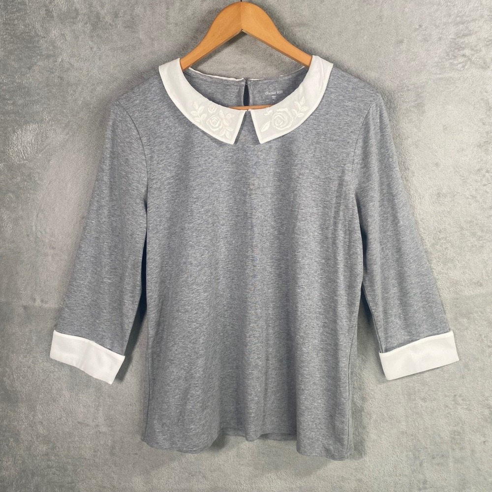 Garnet Hill Gray Embroidered Peter Pan Collar 3/4 Sleeve Knit Top Larg Preppy - Picture 3 of 8